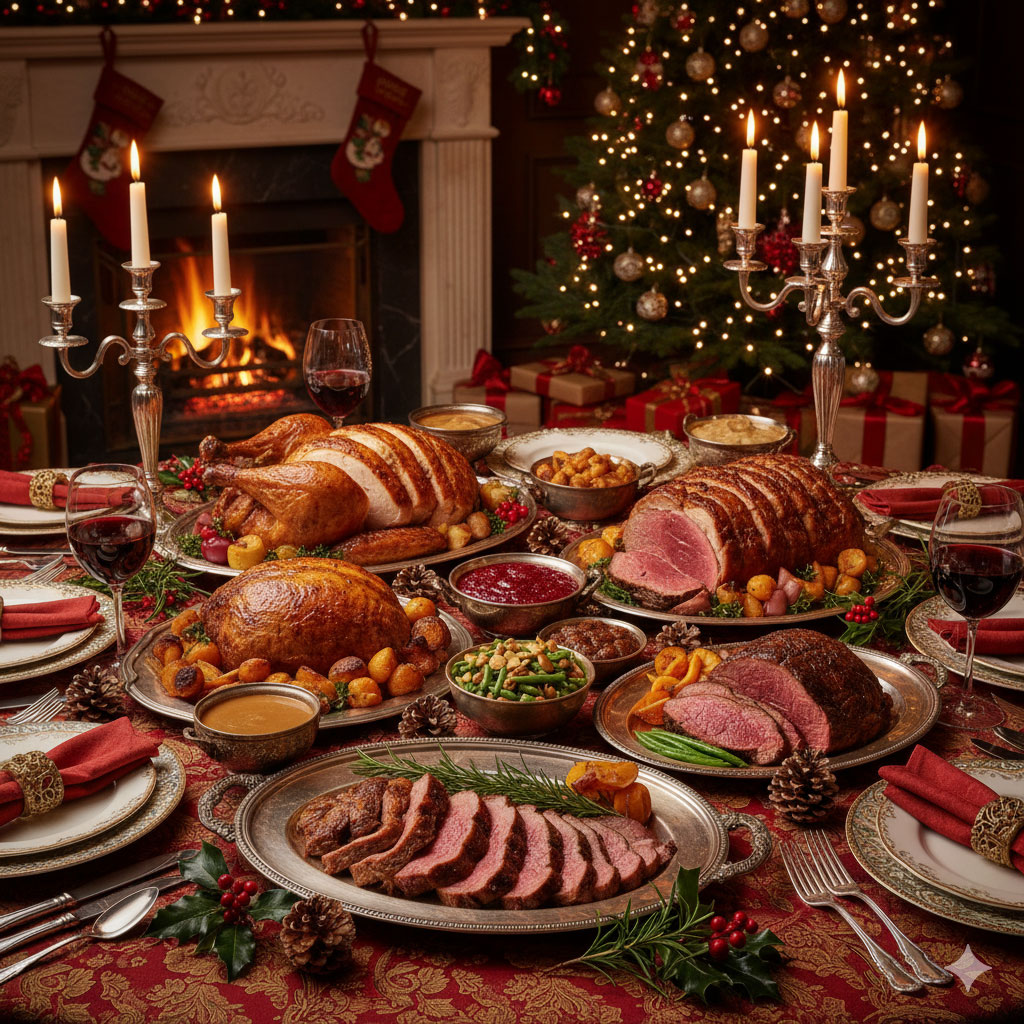 weihnachtliche Festtafel mit Wild- und Geflügelspezialitäten weihnachtliche Festtafel mit Wild- und Geflügelspezialitäten